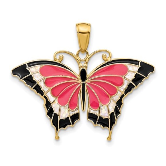 14k Yellow Gold w Yellow, Pink, Aqua, Green, red/blue Enameled Butterfly Pendant - Picture 4 of 8